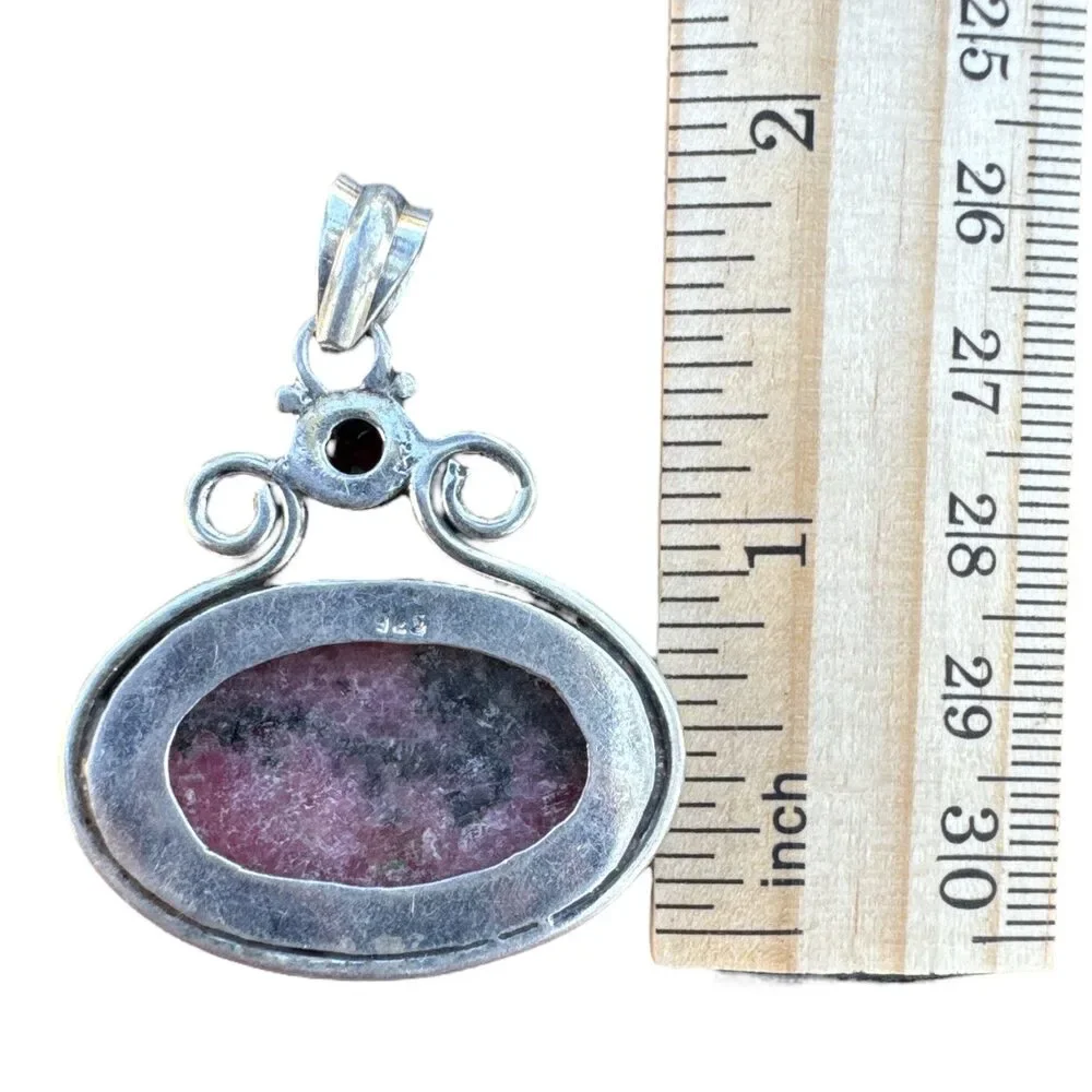Rhodonite & Garnet Solid 925 Sterling Silver Pendant - Picture 3 of 3